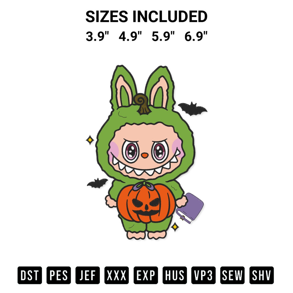 Stitch like a pro with the Labubu Pumpkin Costume Embroidery Design embroidery pattern from Designspacks.com. High-quality digital machine embroidery file. Available sizes: 3.9", 4.9", 5.9", 6.9".