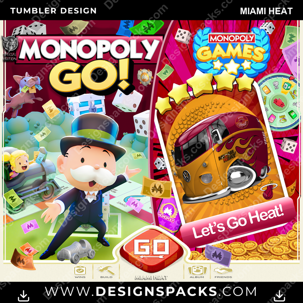 Basketball Monopoly Go! Miami Heat Tumbler Digital Wrap Design
