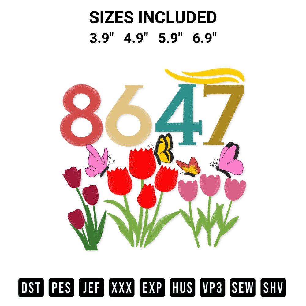 Download the Vintage 86 47 Anti Trump Flower President Embroidery Design machine embroidery design exclusively at Designspacks.com. Premium digitized pattern for apparel and DIY crafts. Available sizes: 3.9", 4.9", 5.9", 6.9".
