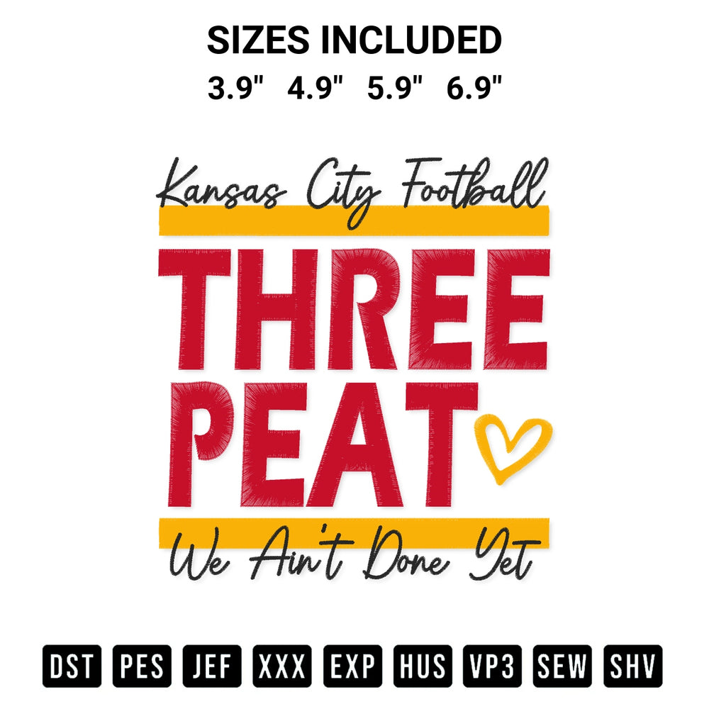 Looking for the perfect pattern? Download the Kansas City Football Three Peat Embroidery Design embroidery design today at Designspacks.com. Crisp, clean stitching guaranteed. Available sizes: 3.9", 4.9", 5.9", 6.9".