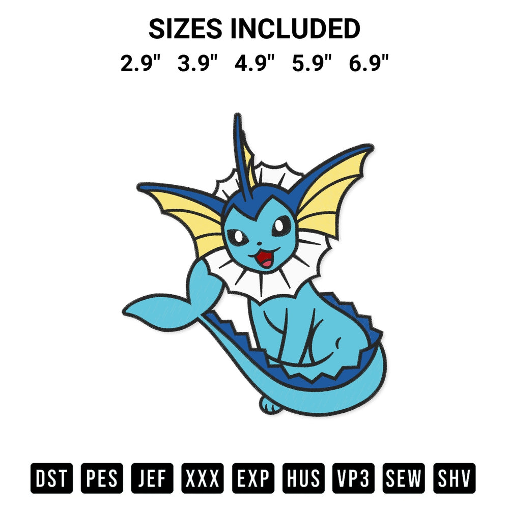 Create amazing crafts with the Vaporeon Pokemon Embroidery Design embroidery file. High-quality digital download from Designspacks.com, perfect for beginners and pros. Available sizes: 2.9", 3.9", 4.9", 5.9", 6.9".