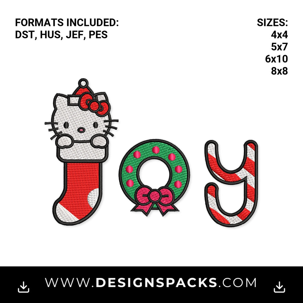 Hello Kitty Christmas Joy Stocking Wreath Embroidery Design - Instant digital download pattern at Designspacks.com