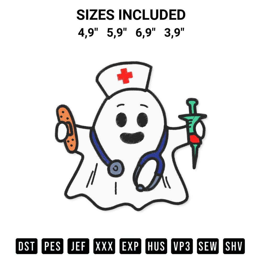 Add a unique touch to your apparel with the Nurse Ghost Scrub Halloween Costume For Nurses Women Rn Logo Embroidery Design embroidery file. Premium instant download available now on Designspacks.com. Available sizes: 4,9", 5,9", 6,9", 3,9".
