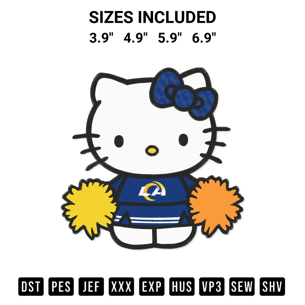 Stitch like a pro with the Hello Kitty Cheerleader Los Angeles Rams Embroidery Design embroidery pattern from Designspacks.com. High-quality digital machine embroidery file. Available sizes: 3.9", 4.9", 5.9", 6.9".