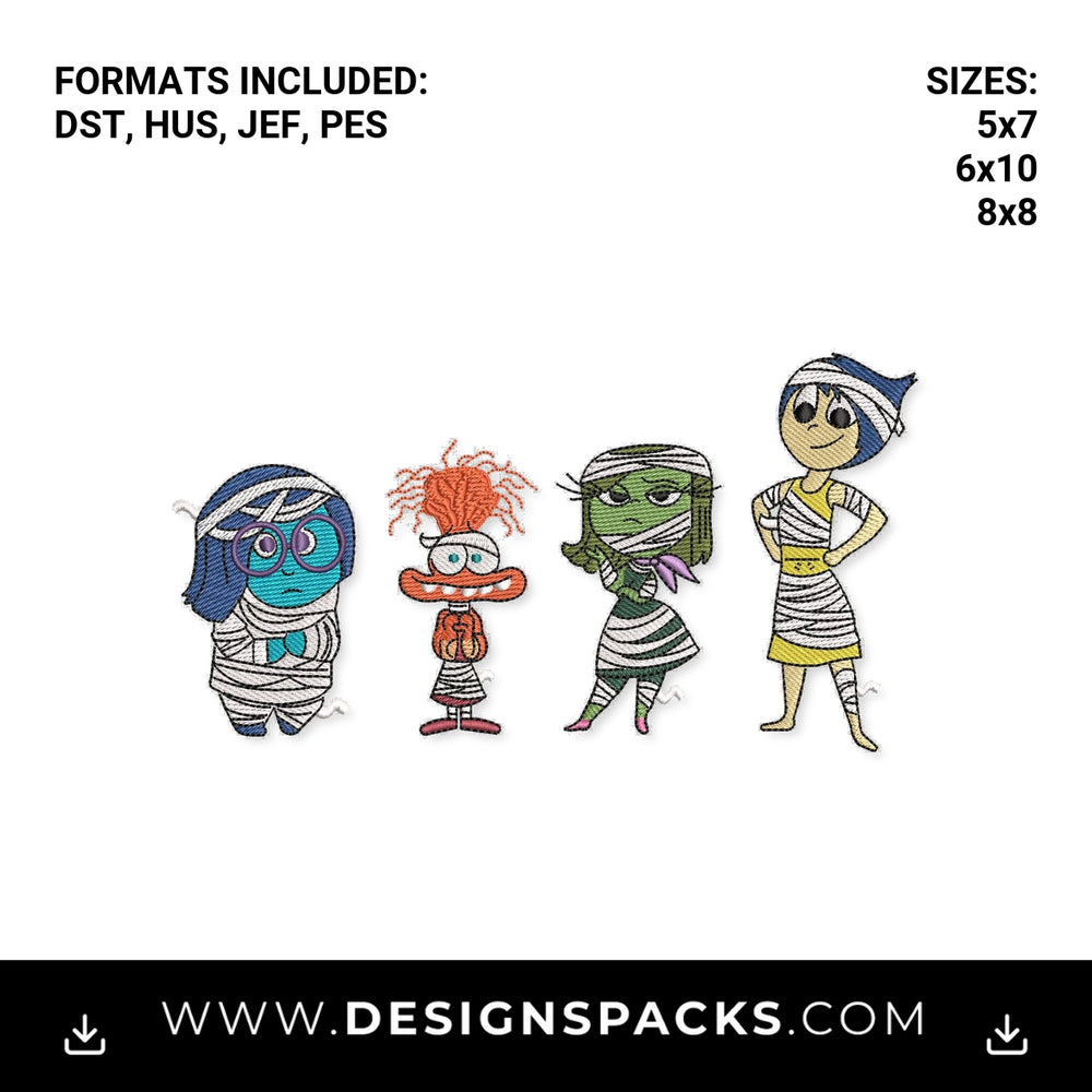 Inside Out Halloween Mummies Embroidery Design - Instant digital download pattern at Designspacks.com