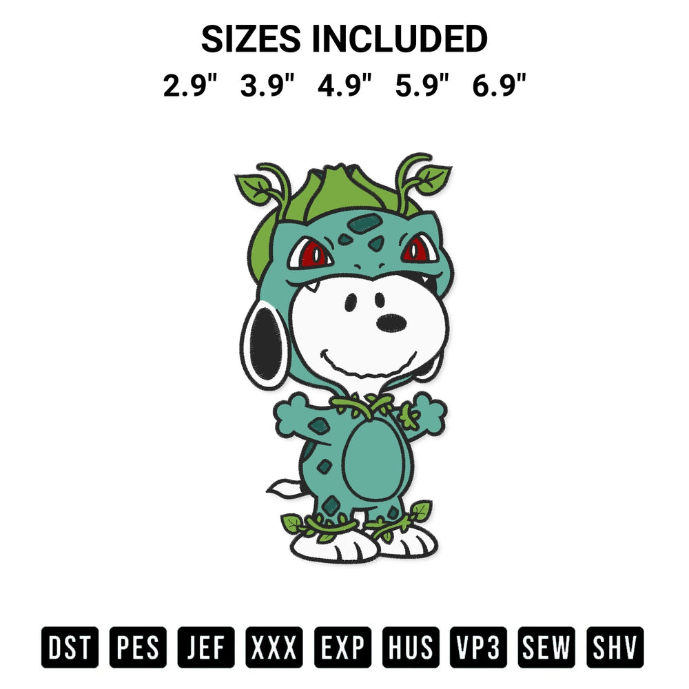 Transform your fabrics with the Snoopy As Bulbasaur Embroidery Design embroidery design. Instant access to premium digitized patterns at Designspacks.com. Available sizes: 2.9", 3.9", 4.9", 5.9", 6.9".