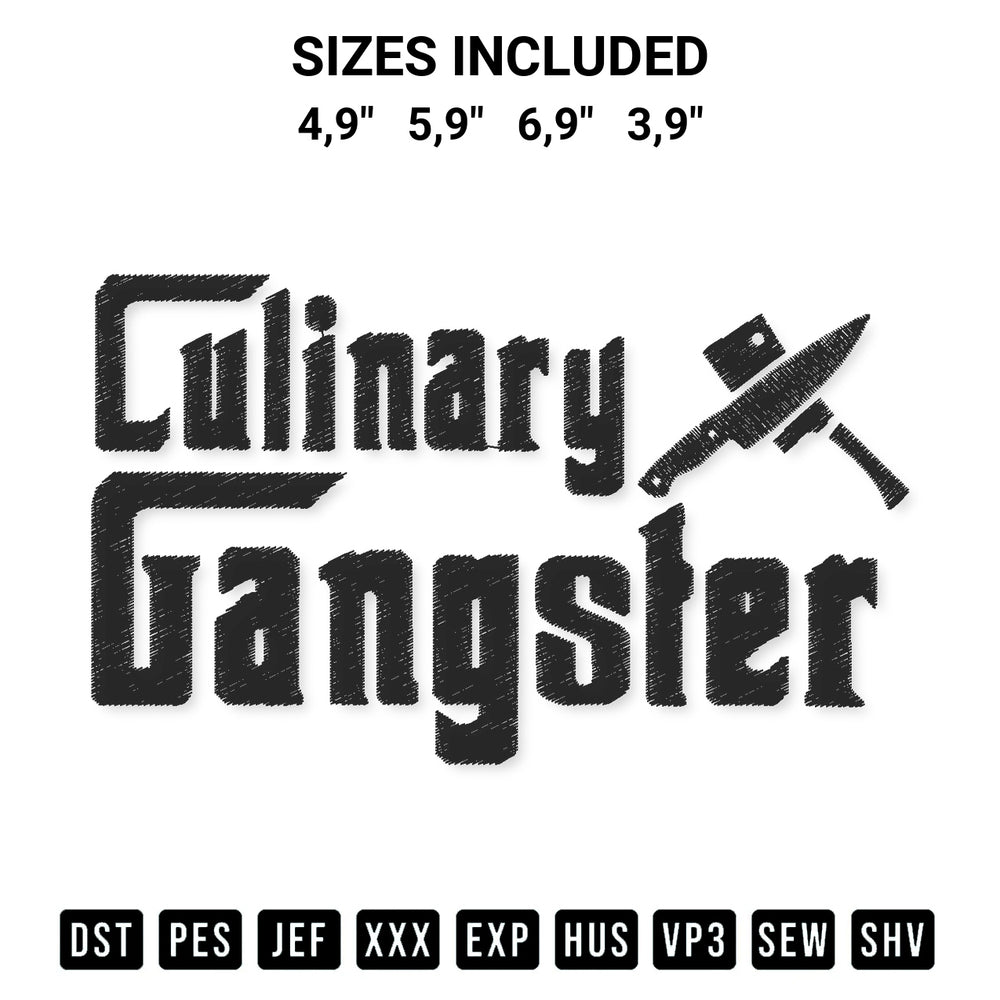 Add a unique touch to your apparel with the Godfather Culinary Gangster Chef Logo Embroidery Design embroidery file. Premium instant download available now on Designspacks.com. Available sizes: 4,9", 5,9", 6,9", 3,9".