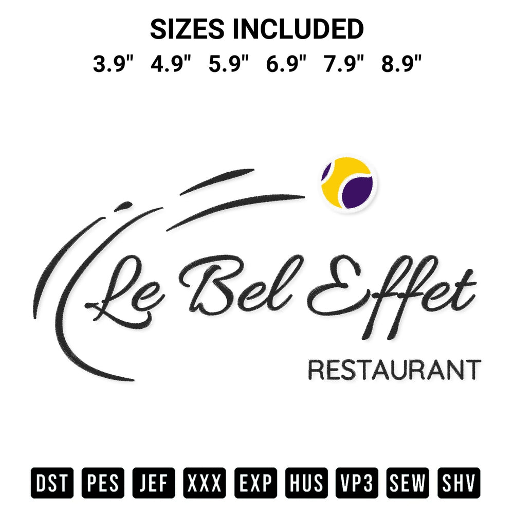 Discover the perfect addition to your crafting collection: Le Bel Effet Restaurant Embroidery Design embroidery file. Instantly available at Designspacks.com. Available sizes: 3.9", 4.9", 5.9", 6.9", 7.9", 8.9".