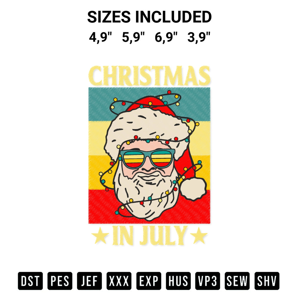 Download the Christmas In July Santa Sunglasses Beach Summer Embroidery Design machine embroidery design exclusively at Designspacks.com. Premium digitized pattern for apparel and DIY crafts. Available sizes: 4,9", 5,9", 6,9", 3,9".