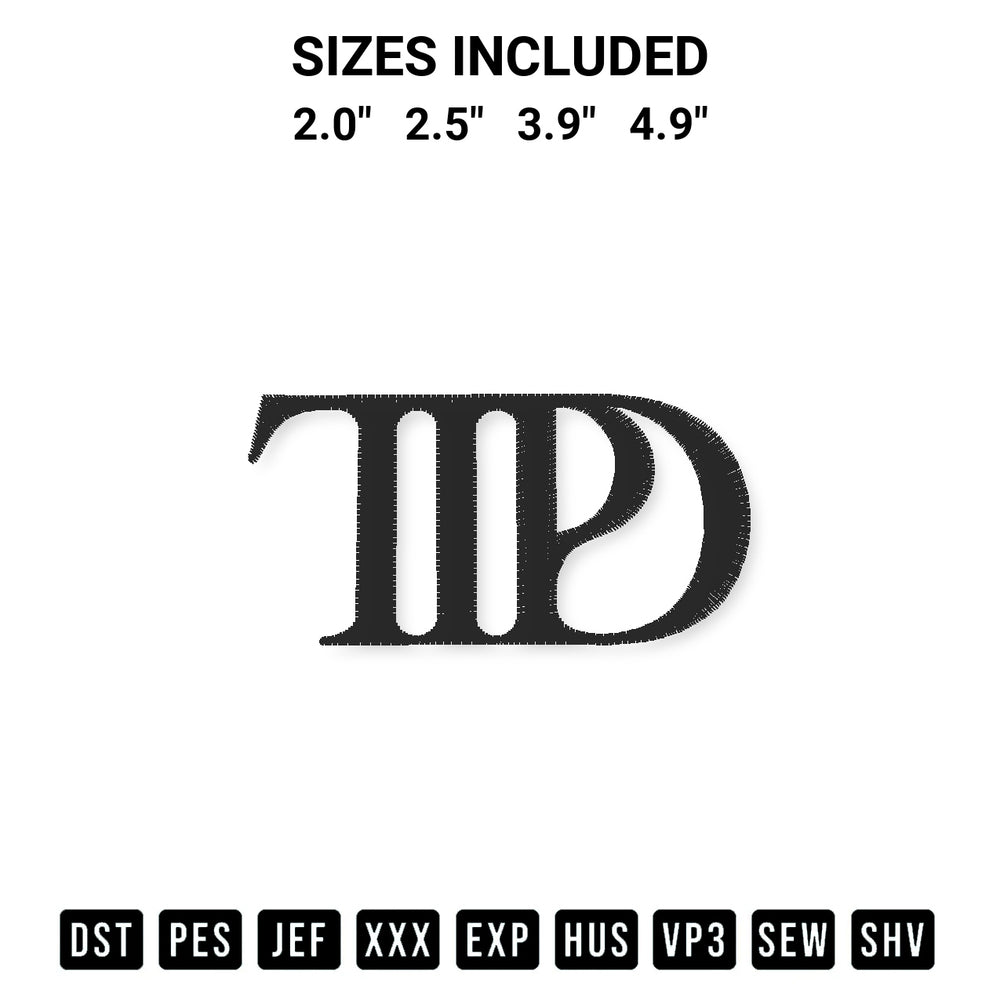 Discover the perfect addition to your crafting collection: The Tortured Poets Department Logo Embroidery Design embroidery file. Instantly available at Designspacks.com. Available sizes: 2.0", 2.5", 3.9", 4.9".