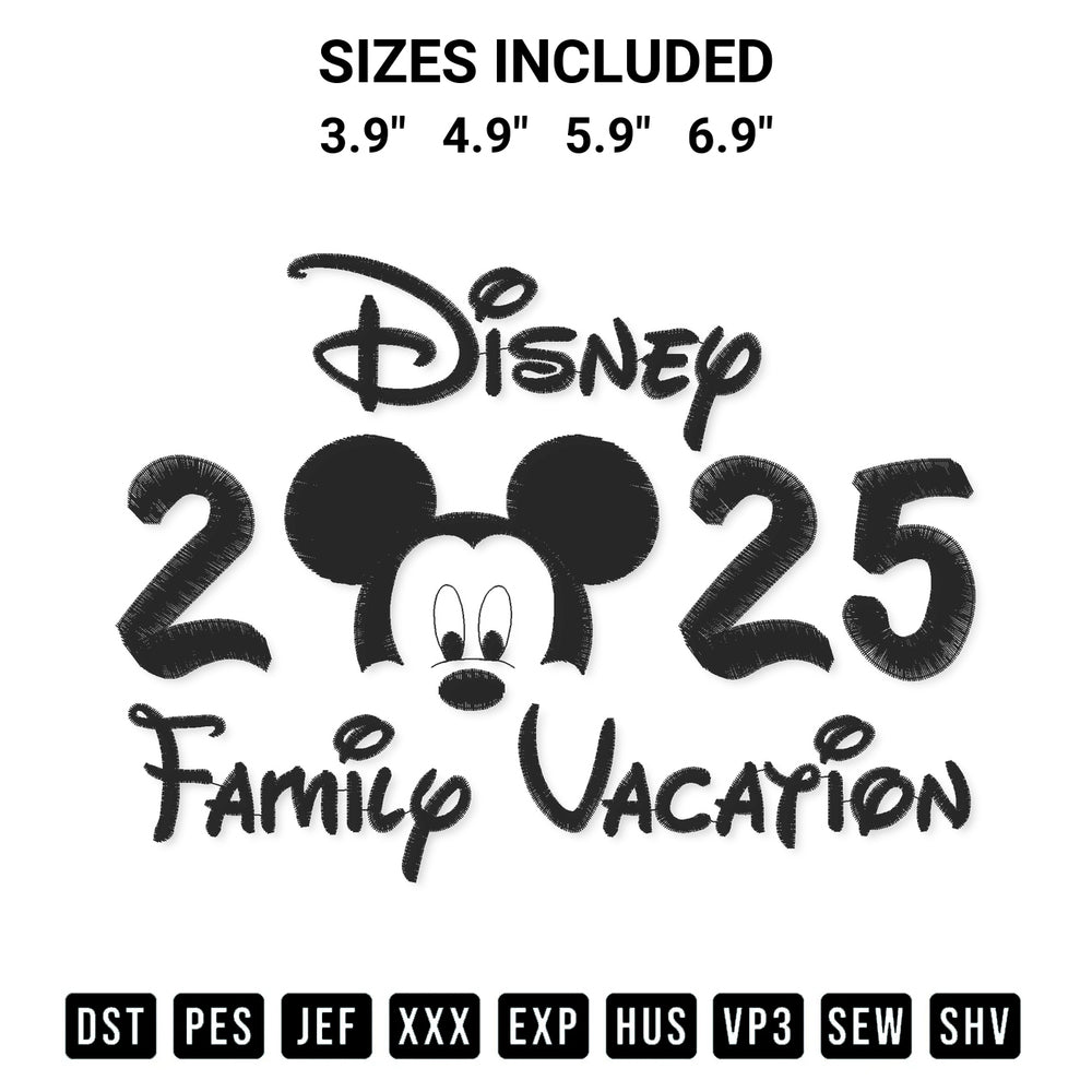 Download the Mickey Disney Family Vacation 2025 Embroidery Design machine embroidery design exclusively at Designspacks.com. Premium digitized pattern for apparel and DIY crafts. Available sizes: 3.9", 4.9", 5.9", 6.9".
