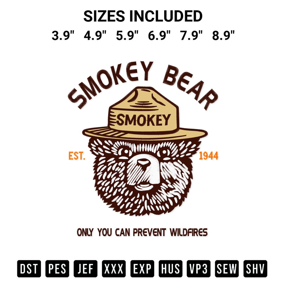 Elevate your next project with our Smokey Bear Logo Only You Can Prevent Wildfires Embroidery Design embroidery file. Shop high-quality digital patterns instantly at Designspacks.com. Available sizes: 3.9", 4.9", 5.9", 6.9", 7.9", 8.9".