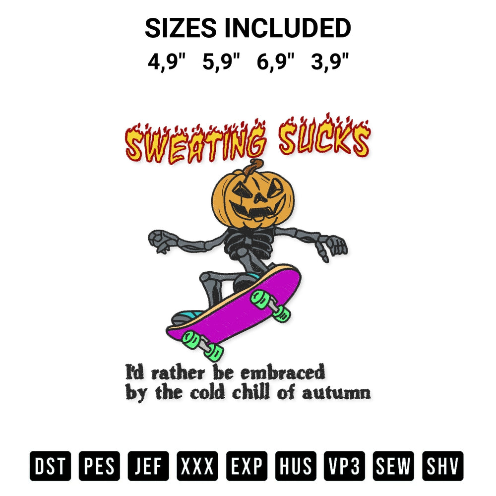Transform your fabrics with the Halloween 2022 Sweating Sucks Skeleton Pumpkin Head Halloween Skeleton Skateboard Halloween Logo Embroidery Design embroidery design. Instant access to premium digitized patterns at Designspacks.com. Available sizes: 4,9", 5,9", 6,9", 3,9".
