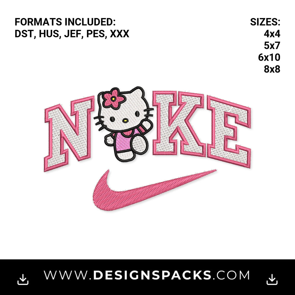 Pink Hello Kitty Swoosh Varsity Logo Embroidery Design - Instant digital download pattern at Designspacks.com