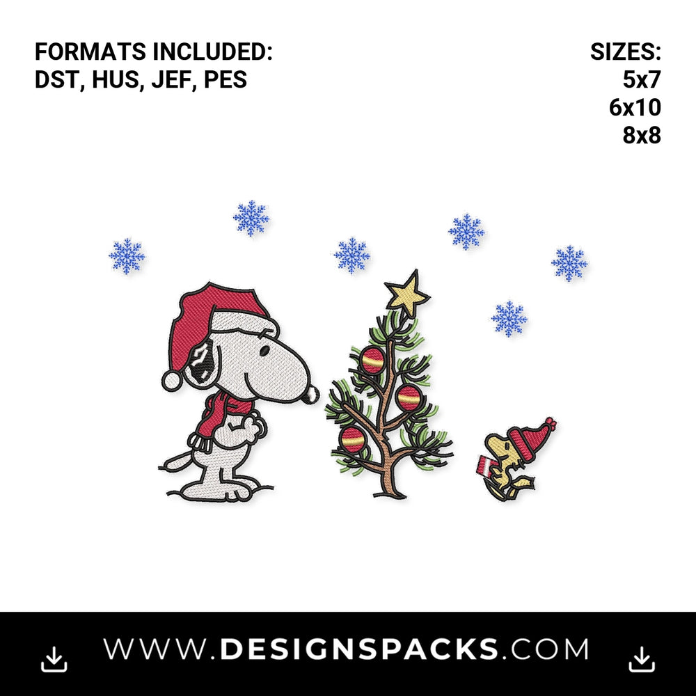 Snoopy and Woodstock Christmas Tree Embroidery Design - Instant digital download pattern at Designspacks.com