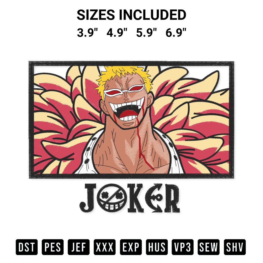 Looking for the perfect pattern? Download the Doflamingo One Piece Embroidery Design embroidery design today at Designspacks.com. Crisp, clean stitching guaranteed. Available sizes: 3.9", 4.9", 5.9", 6.9".