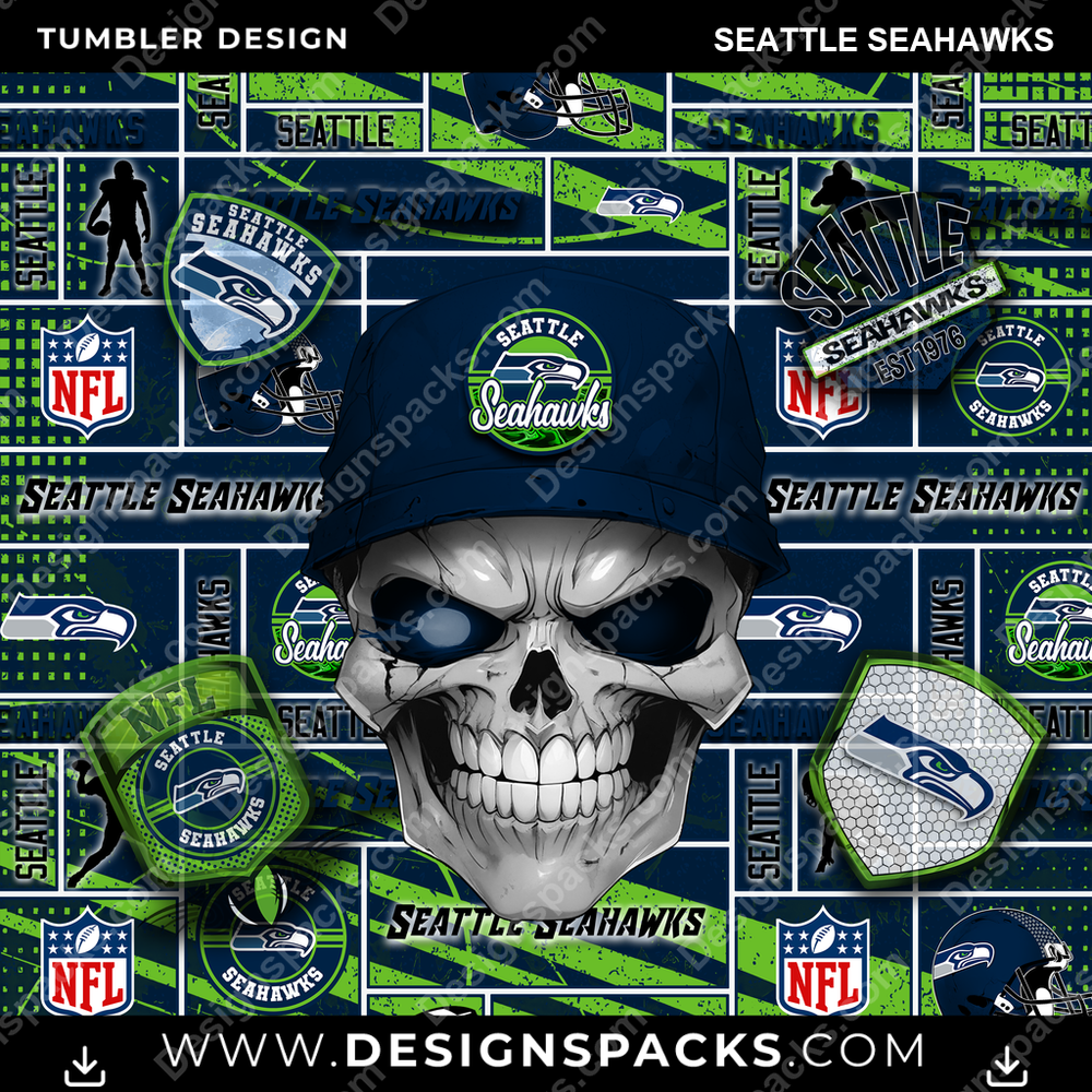 Diseño de Envoltura Digital para Vaso de los Seattle Seahawks con Calavera de Fútbol