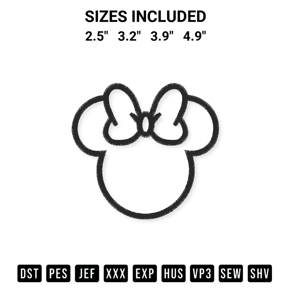 Add a unique touch to your apparel with the Minnie Outline Head Embroidery Design embroidery file. Premium instant download available now on Designspacks.com. Available sizes: 2.5", 3.2", 3.9", 4.9".