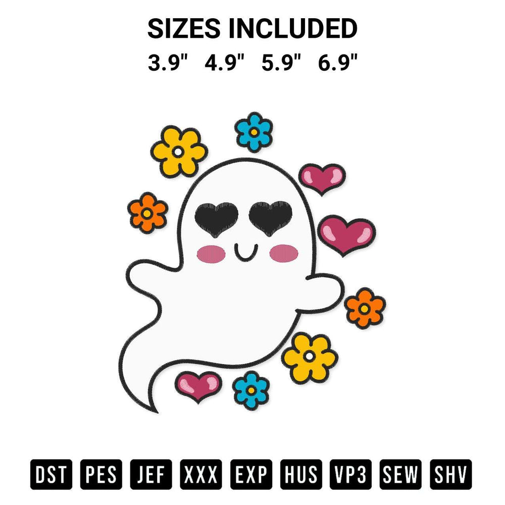 Add a unique touch to your apparel with the Cute Flower Ghost Embroidery Design embroidery file. Premium instant download available now on Designspacks.com. Available sizes: 3.9", 4.9", 5.9", 6.9".