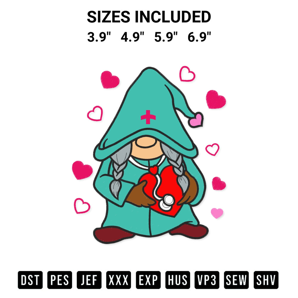Discover the perfect addition to your crafting collection: Valentine Gnomes Nurse Embroidery Design embroidery file. Instantly available at Designspacks.com. Available sizes: 3.9", 4.9", 5.9", 6.9".