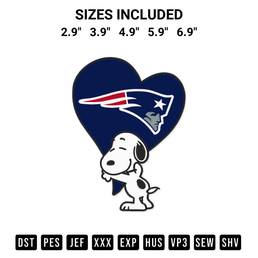 Transform your fabrics with the Snoopy Hugs Heart New England Patriots Embroidery Design embroidery design. Instant access to premium digitized patterns at Designspacks.com. Available sizes: 2.9", 3.9", 4.9", 5.9", 6.9".