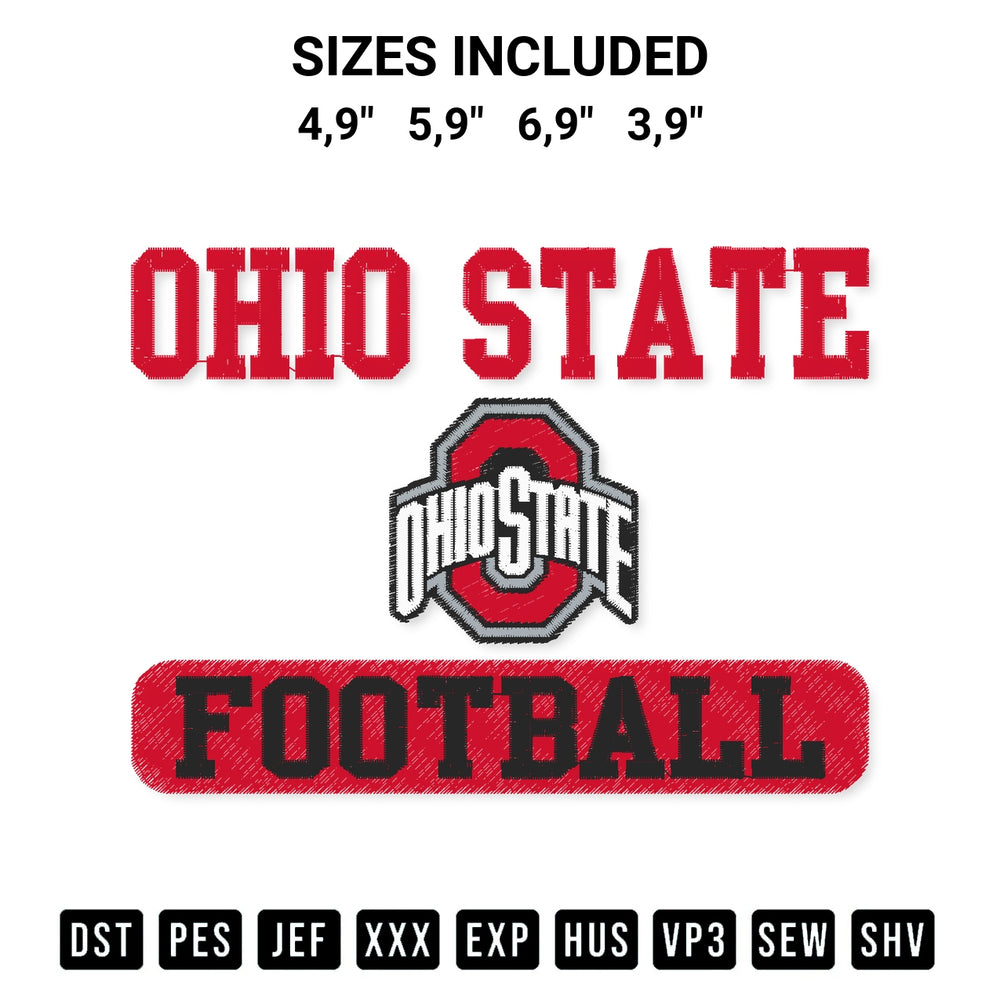 Get the Ohio State Football Bar Ohio State Buckeyes Football Logo Embroidery Design embroidery design for your custom crafts! Premium digitized files available for instant download at Designspacks.com. Available sizes: 4,9", 5,9", 6,9", 3,9".
