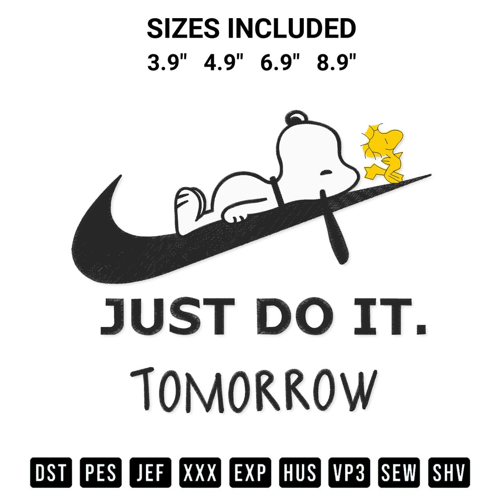 Download the Snoopy Nike Just Do It Tomorrow Embroidery Design machine embroidery design exclusively at Designspacks.com. Premium digitized pattern for apparel and DIY crafts. Available sizes: 3.9", 4.9", 6.9", 8.9".