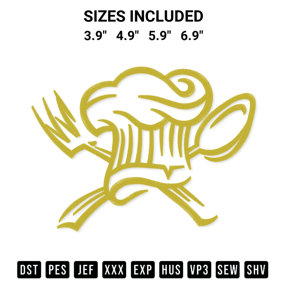 Transform your fabrics with the Pattern Chef Hat Embroidery Design embroidery design. Instant access to premium digitized patterns at Designspacks.com. Available sizes: 3.9", 4.9", 5.9", 6.9".