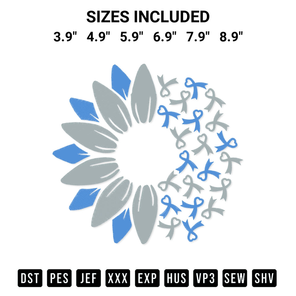 Transform your fabrics with the Diabetes Awareness Sunflower Ribbon Embroidery Design embroidery design. Instant access to premium digitized patterns at Designspacks.com. Available sizes: 3.9", 4.9", 5.9", 6.9", 7.9", 8.9".