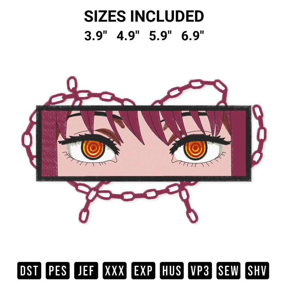 Add a unique touch to your apparel with the Makima Eyes Anime Embroidery Design embroidery file. Premium instant download available now on Designspacks.com. Available sizes: 3.9", 4.9", 5.9", 6.9".