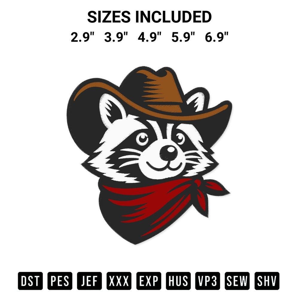 Shop the Cowboy Raccoon Embroidery Design machine embroidery pattern at Designspacks.com. Beautifully digitized for flawless stitching on any fabric. Available sizes: 2.9", 3.9", 4.9", 5.9", 6.9".