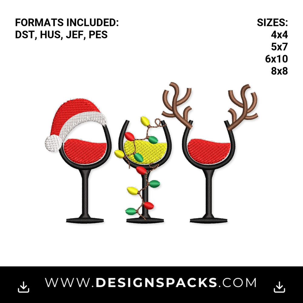 Christmas Wine Glass Trio Embroidery Design - Instant digital download pattern at Designspacks.com