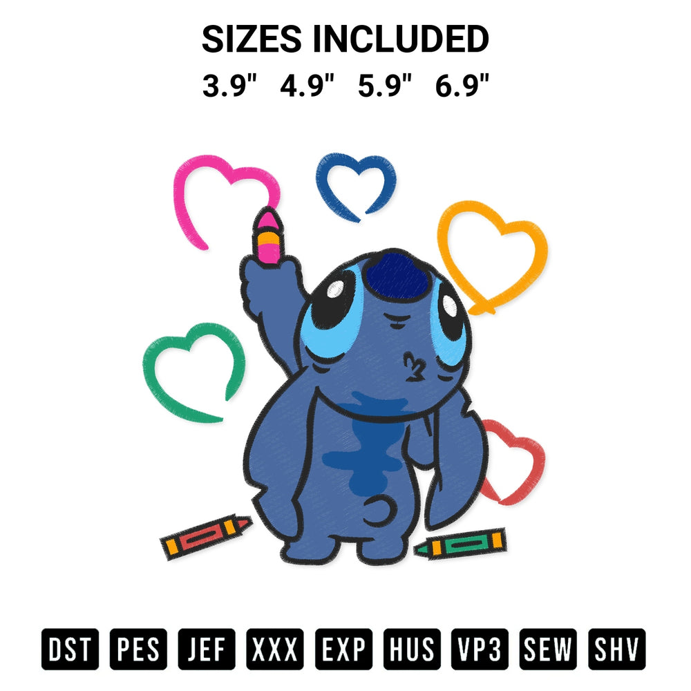Add a unique touch to your apparel with the Disney Stitch Drawing Heart Embroidery Design embroidery file. Premium instant download available now on Designspacks.com. Available sizes: 3.9", 4.9", 5.9", 6.9".