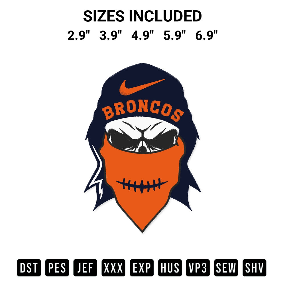 Create amazing crafts with the Denver Broncos Skull Mascot Embroidery Design embroidery file. High-quality digital download from Designspacks.com, perfect for beginners and pros. Available sizes: 2.9", 3.9", 4.9", 5.9", 6.9".
