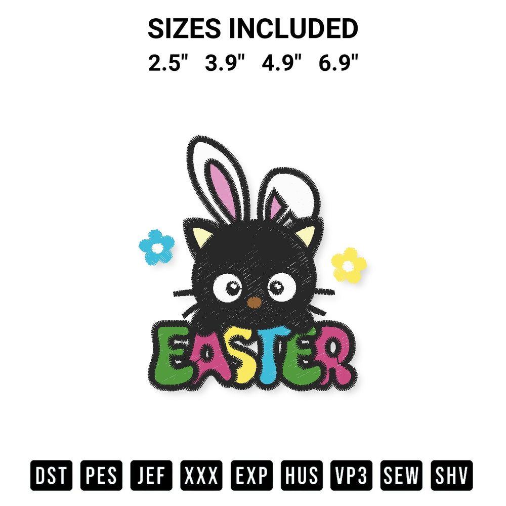Add a unique touch to your apparel with the Chococat Easter Bunny Embroidery Design embroidery file. Premium instant download available now on Designspacks.com. Available sizes: 2.5", 3.9", 4.9", 6.9".