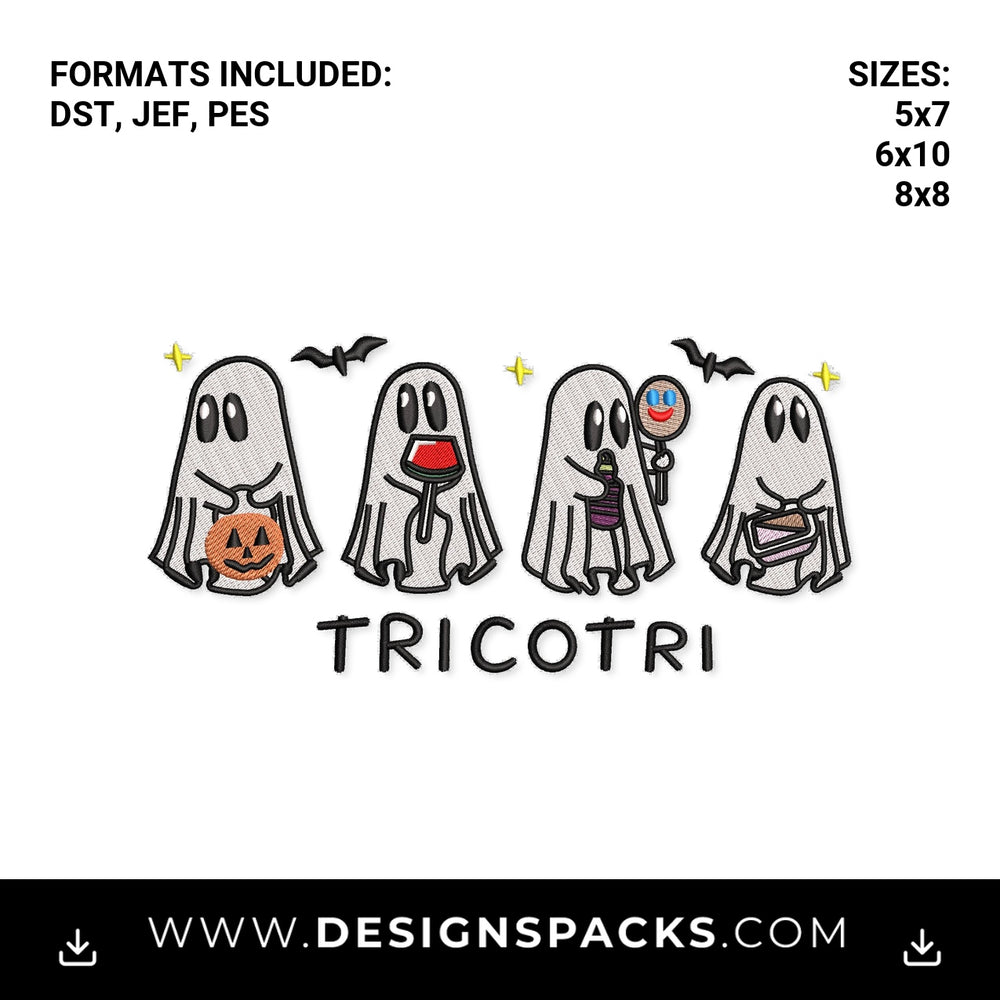 Cute Tricotri Halloween Ghosts Embroidery Design - Instant digital download pattern at Designspacks.com