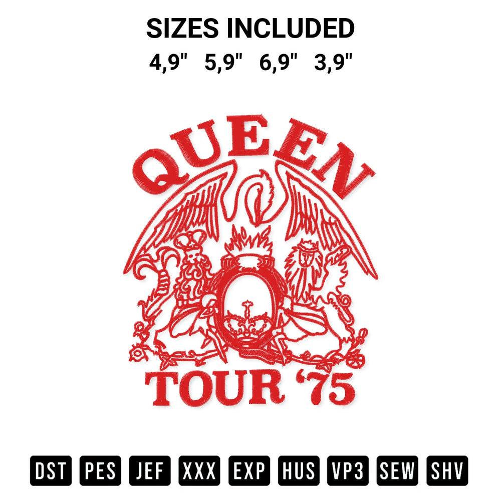 Get the Queen Tour 75 Logo Embroidery Design embroidery design for your custom crafts! Premium digitized files available for instant download at Designspacks.com. Available sizes: 4,9", 5,9", 6,9", 3,9".