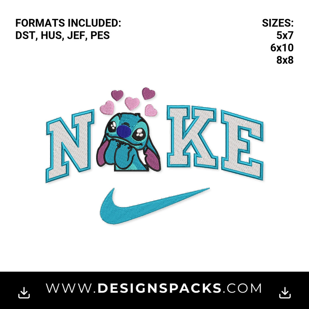 Cute Stitch Nike Swoosh with Pink Hearts Embroidery Design - Instant digital download pattern at Designspacks.com