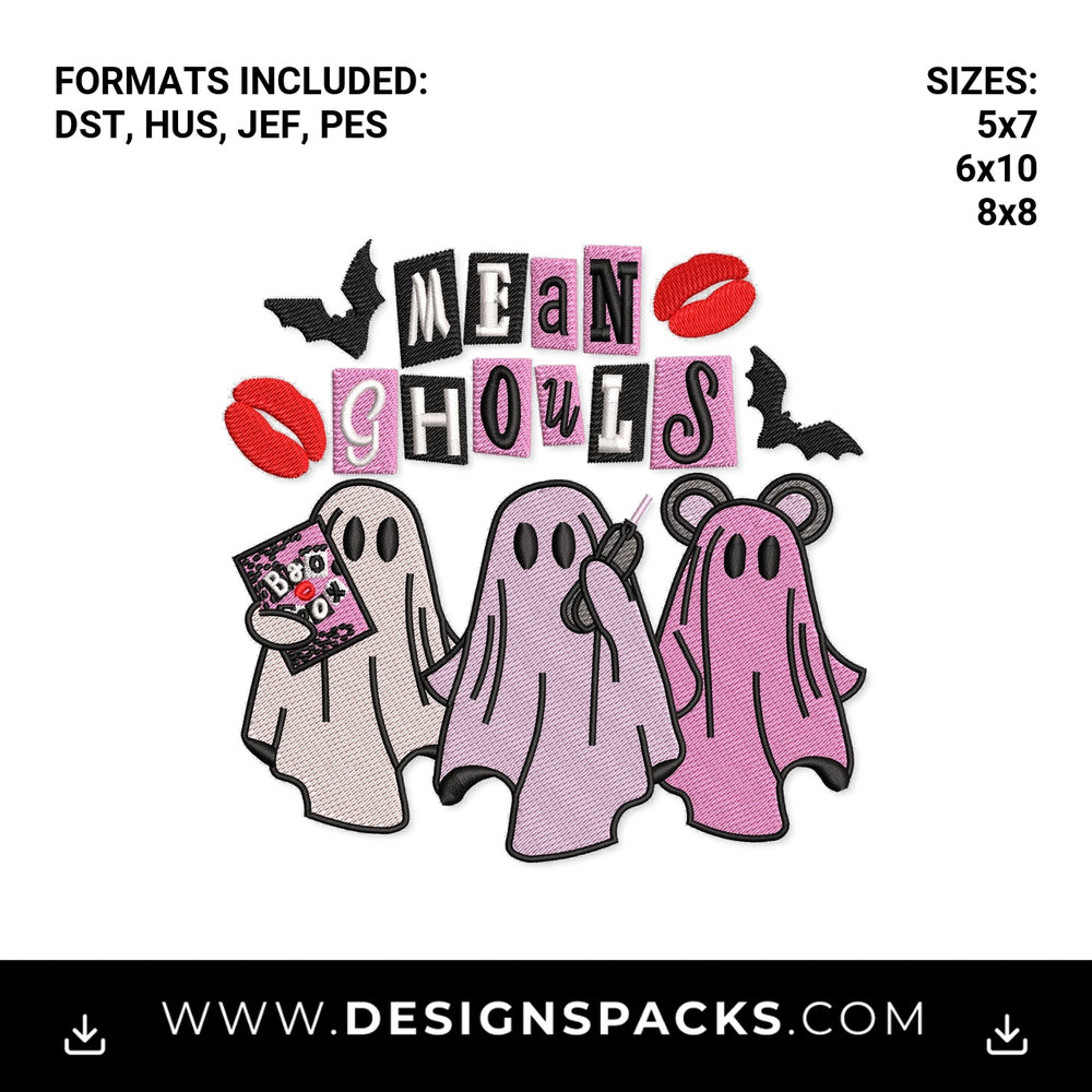 Mean Ghouls Pink Halloween Ghost Trio Embroidery Design - Instant digital download pattern at Designspacks.com