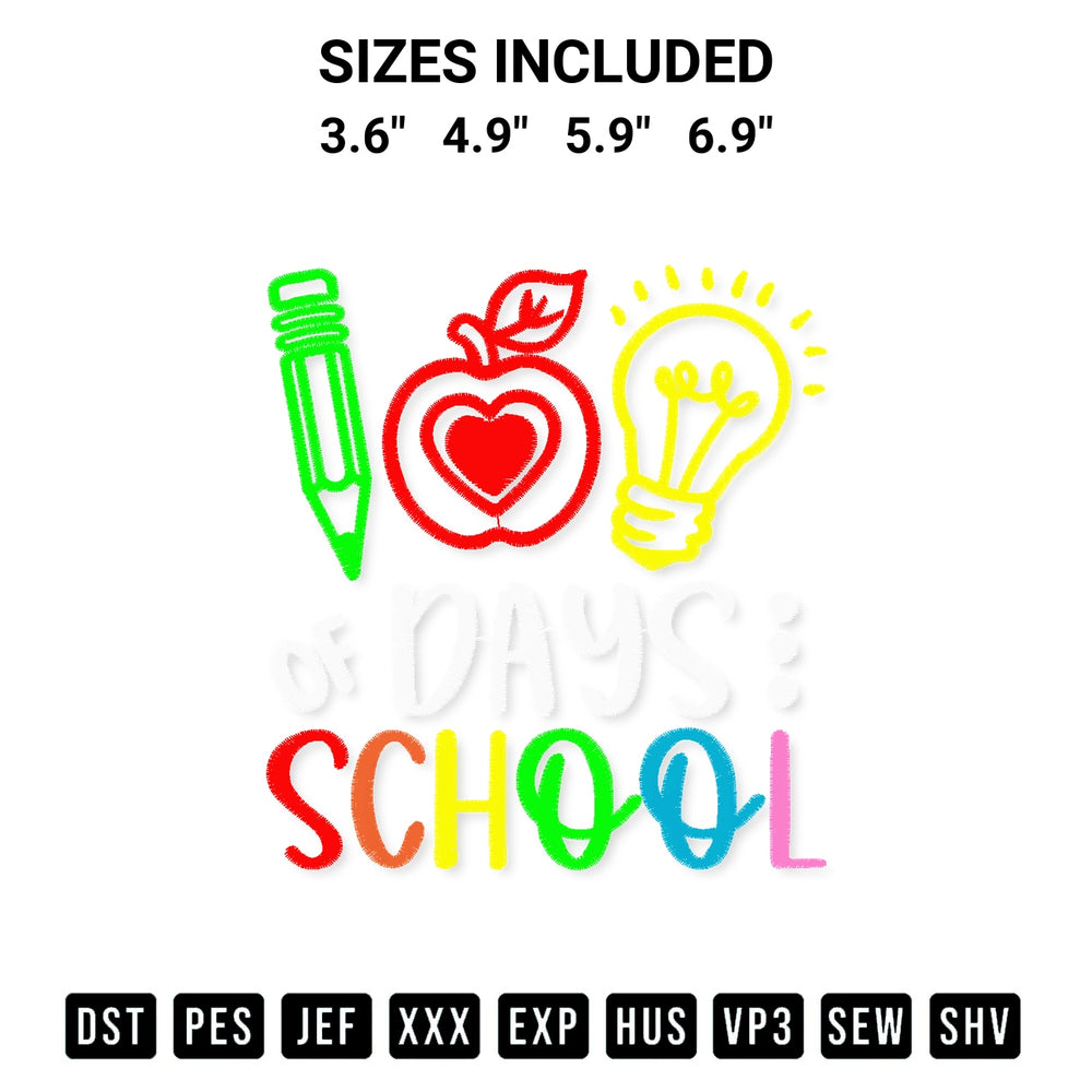 Discover the perfect addition to your crafting collection: Happy 100Th Day Of School Embroidery Design embroidery file. Instantly available at Designspacks.com. Available sizes: 3.6", 4.9", 5.9", 6.9".