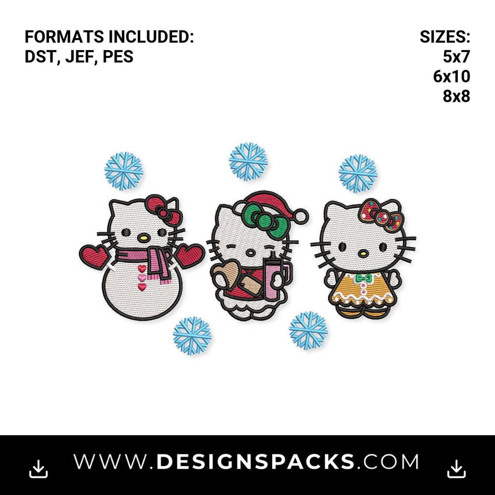 Christmas Kitty Snowman Gingerbread Trio Embroidery Design - Instant digital download pattern at Designspacks.com