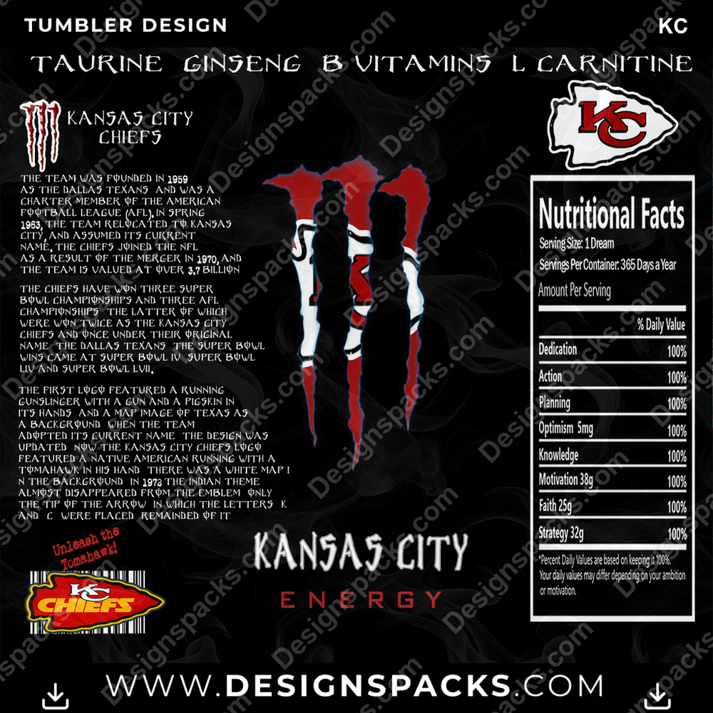 Football MONSTER ENERGY KC NFL Football Tumbler Digital Wrap Design Download