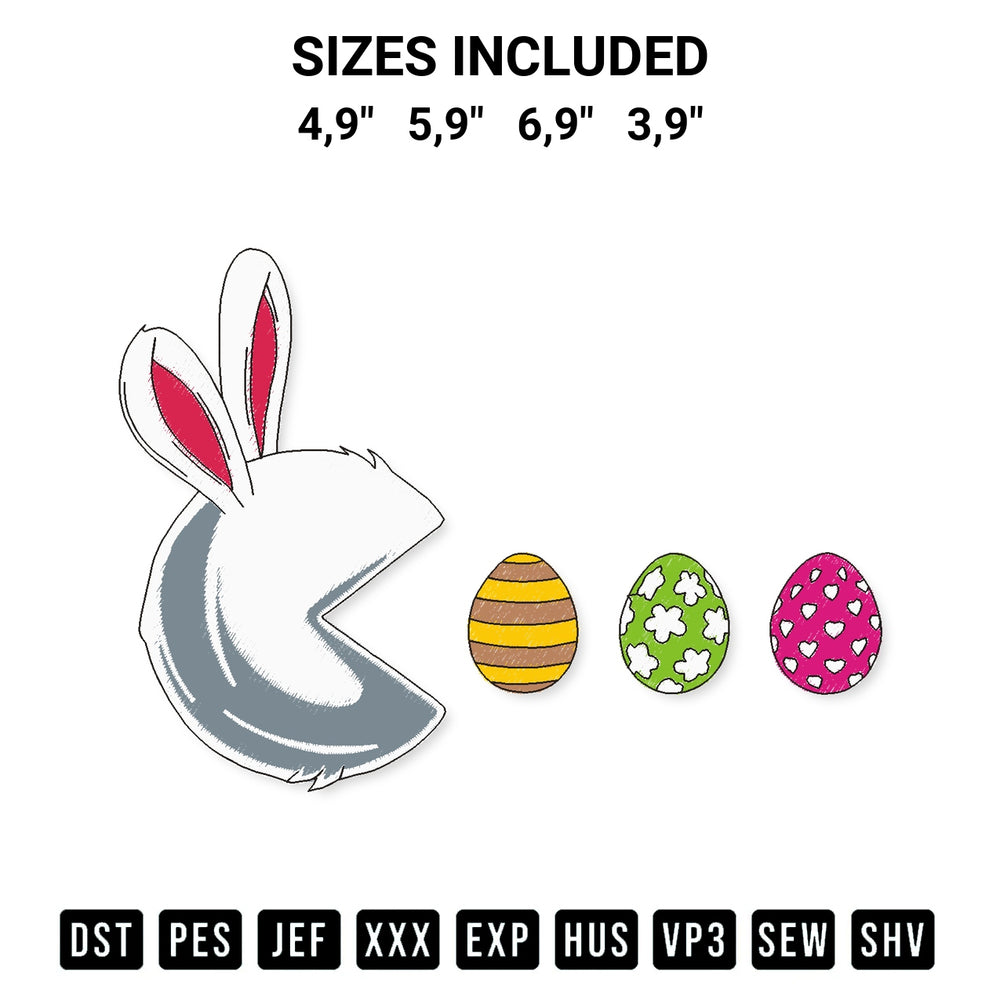 Elevate your next project with our Pac Man Bunny Easter Eggs Happy Easter Day Logo Embroidery Design embroidery file. Shop high-quality digital patterns instantly at Designspacks.com. Available sizes: 4,9", 5,9", 6,9", 3,9".