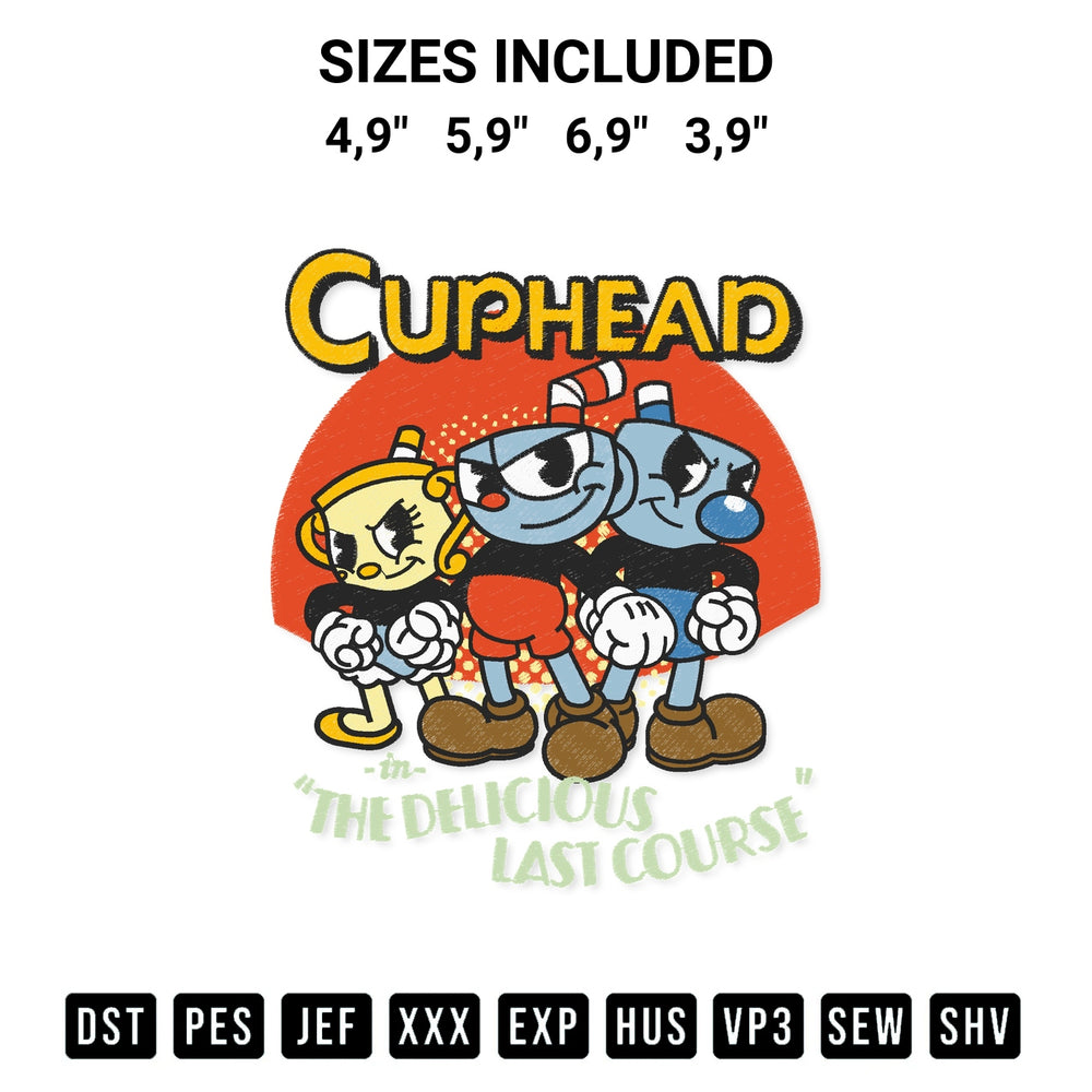 Add a unique touch to your apparel with the Cuphead In The Delicious Last Course Video Game Gift Logo Embroidery Design embroidery file. Premium instant download available now on Designspacks.com. Available sizes: 4,9", 5,9", 6,9", 3,9".