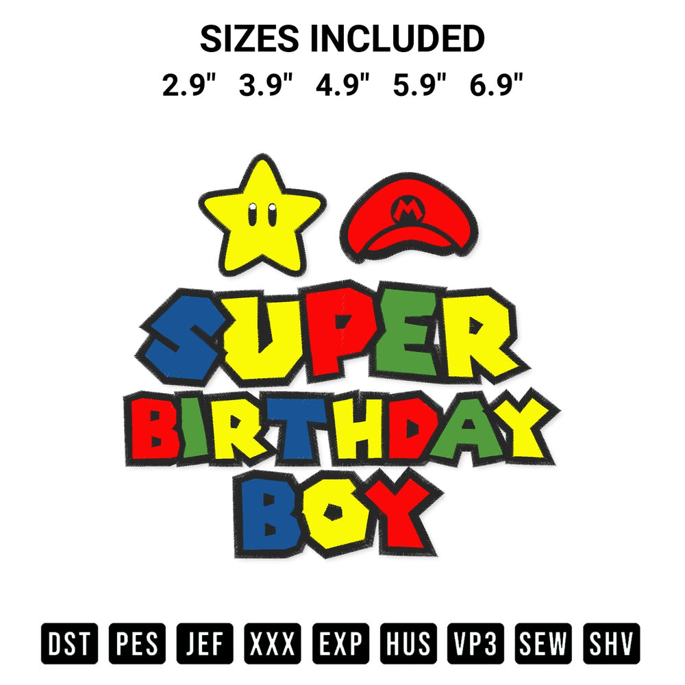 Download the Super Birthday Boy Mario Embroidery Design machine embroidery design exclusively at Designspacks.com. Premium digitized pattern for apparel and DIY crafts. Available sizes: 2.9", 3.9", 4.9", 5.9", 6.9".