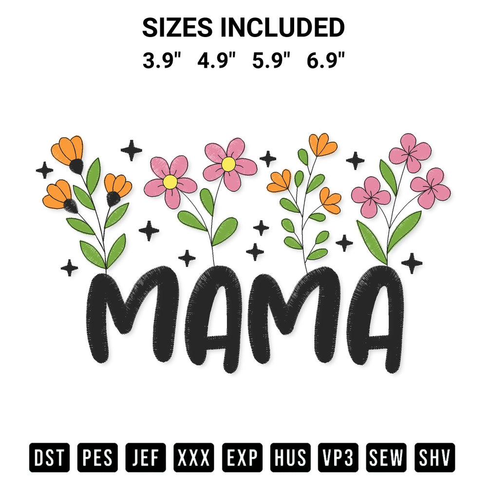Discover the perfect addition to your crafting collection: Mama With Flowers Embroidery Design embroidery file. Instantly available at Designspacks.com. Available sizes: 3.9", 4.9", 5.9", 6.9".