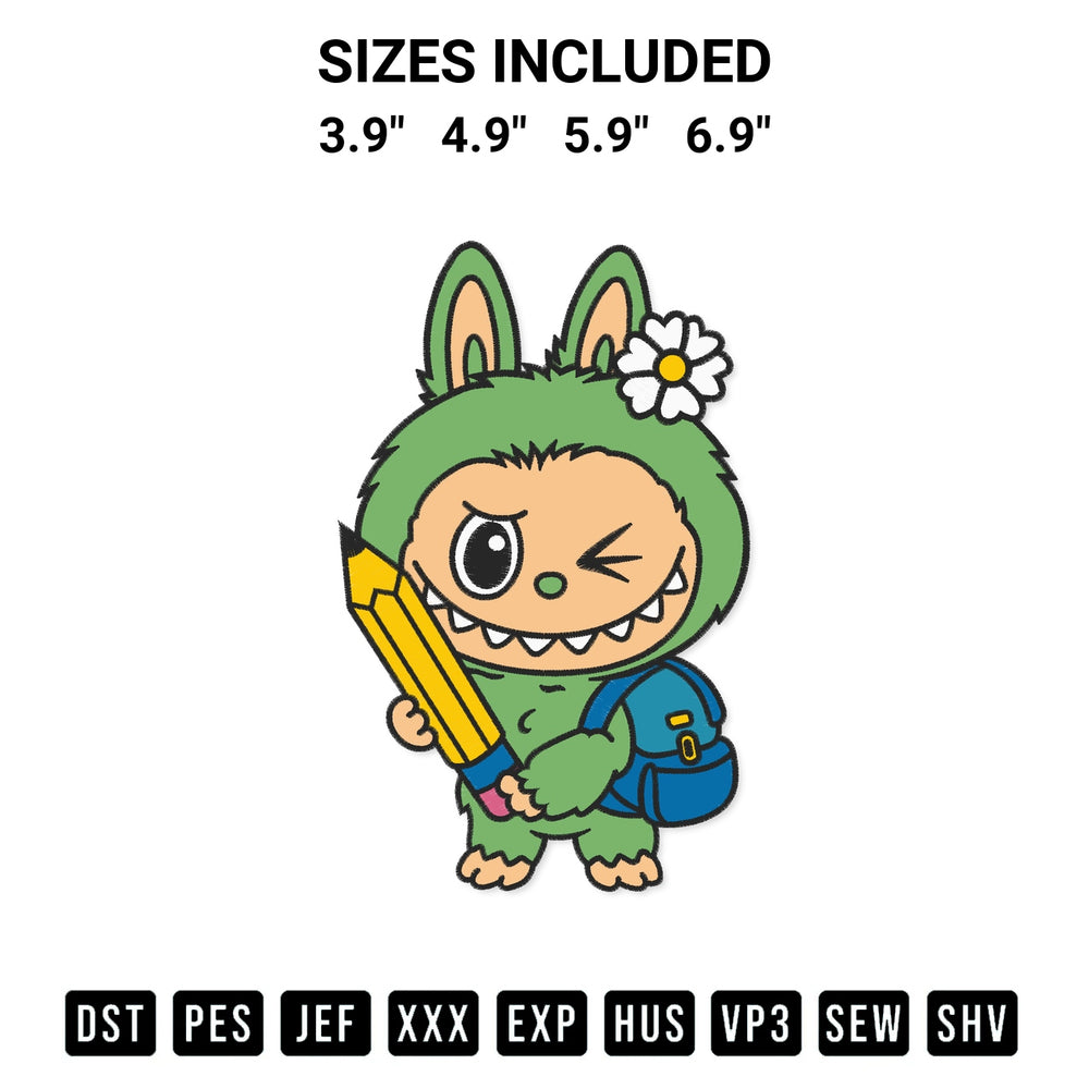 Discover the perfect addition to your crafting collection: Labubu With Pencil And Backpack Embroidery Design embroidery file. Instantly available at Designspacks.com. Available sizes: 3.9", 4.9", 5.9", 6.9".