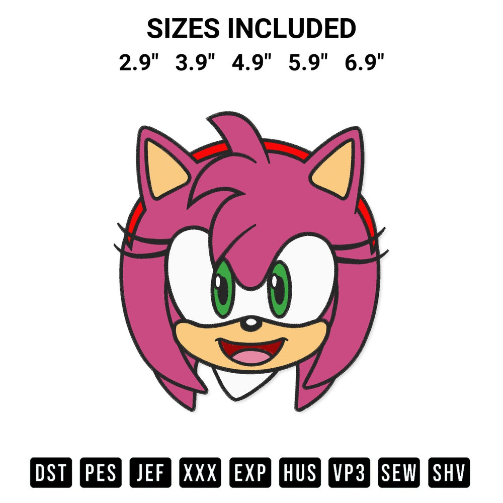 Add a unique touch to your apparel with the Amy Rose Face Embroidery Design embroidery file. Premium instant download available now on Designspacks.com. Available sizes: 2.9", 3.9", 4.9", 5.9", 6.9".