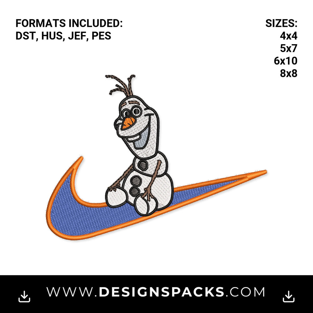 Olaf Snowman Sitting on Blue Swoosh Embroidery Design - Instant digital download pattern at Designspacks.com