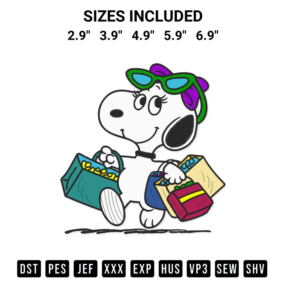 Create amazing crafts with the Belle Snoopy Out Shopping Embroidery Design embroidery file. High-quality digital download from Designspacks.com, perfect for beginners and pros. Available sizes: 2.9", 3.9", 4.9", 5.9", 6.9".